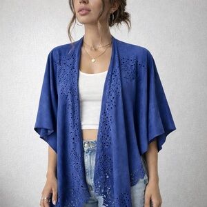 Chico's Blue Laser Cut Open Front Shawl‎ Wrap One Size Boho Indie Layering